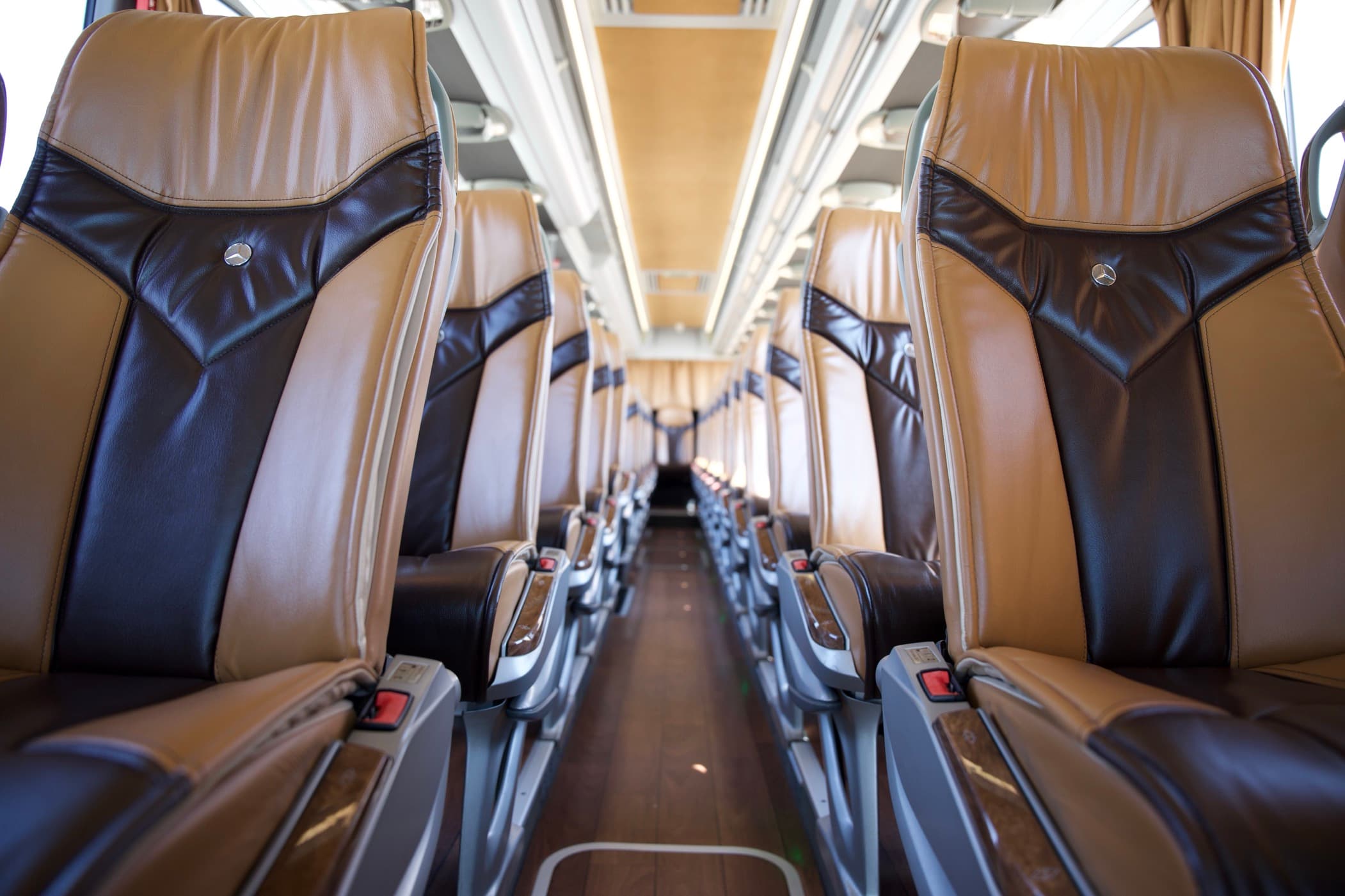 The aisle of a VVIP coach: two rows of tan leather seats running to the back